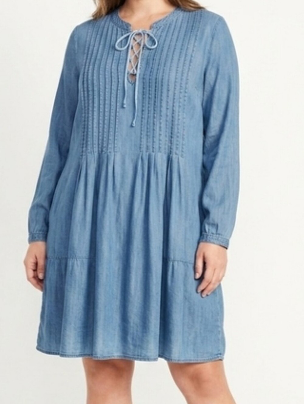 Old Navy Dress Womens Large L Blue Lyocell Denim Look Boho Pintuck Lace Up Long